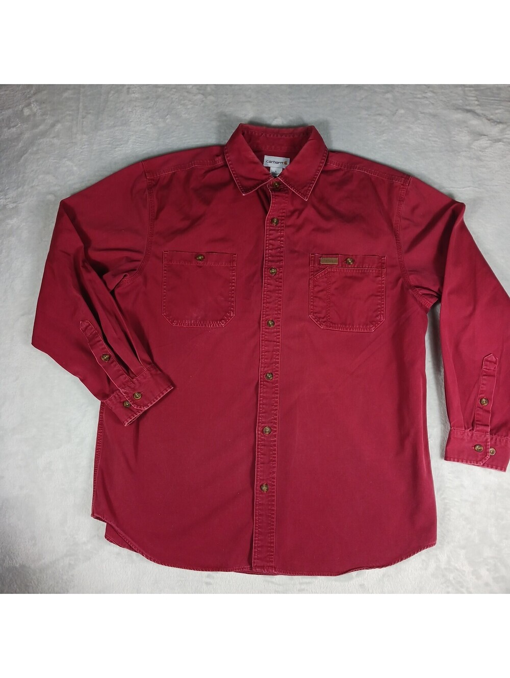 Vintage Carhartt Work Shirt Adult Large Red Cotton w Leather Logo Double Pocket